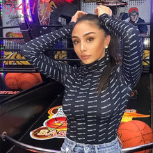 Load image into Gallery viewer, IAMHOTTY Letter Print Bodycon Casual Turtleneck Bodysuit New Fashion Slim Basic Black Jumpsuit Autumn Solid Long Sleeve Bodysuit