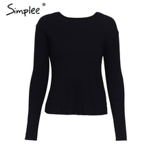 Load image into Gallery viewer, Simplee Backless bow knitted sweater women O neck casual pullover female 2017 autumn knitting jumper winter sweater pull femme