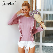 Load image into Gallery viewer, Simplee Side ruffles sweater women winter 2018 sweet Flare sleeve slim autumn sweater pullover O neck casual short female jumper