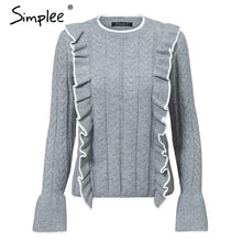 Load image into Gallery viewer, Simplee Side ruffles sweater women winter 2018 sweet Flare sleeve slim autumn sweater pullover O neck casual short female jumper