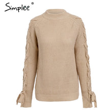Load image into Gallery viewer, Simplee O neck knitted women sweater Lace up cute pullover and sweaters Winter 2018 female jumper elegant ladies tops jumper