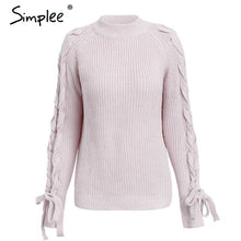Load image into Gallery viewer, Simplee O neck knitted women sweater Lace up cute pullover and sweaters Winter 2018 female jumper elegant ladies tops jumper