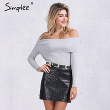 Load image into Gallery viewer, Simplee off shoulder elastic winter sweater women Short gray lapel pullover sexy white jumpers Autumn bodycon basic knitwear top